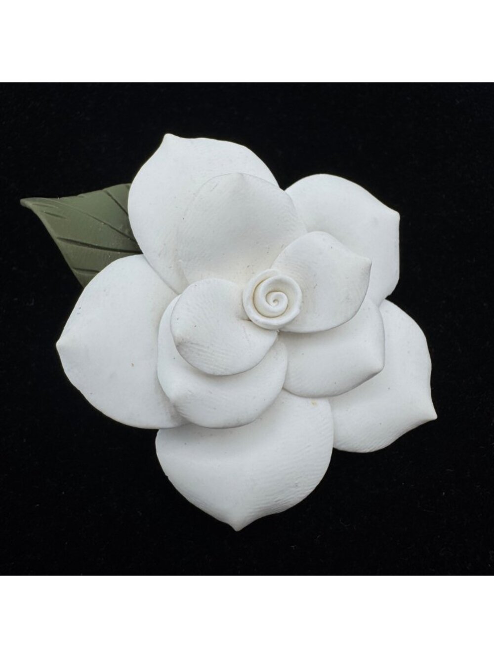 Figural Camellia Gardenia Floral Brooch Polymer Clay Signed Boutonniere Wedding